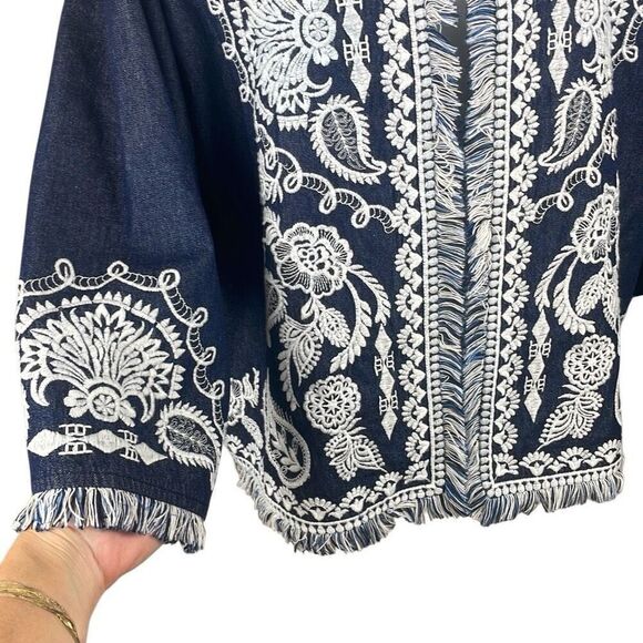 Soft Surroundings Mesaria Boho Embroidered Chambray Denim Fringe Trim Jacket XL - Picture 7 of 16
